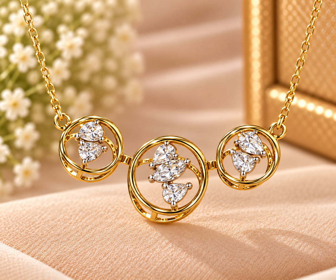 Golden Triple-Circle Diamond Pendant Necklace